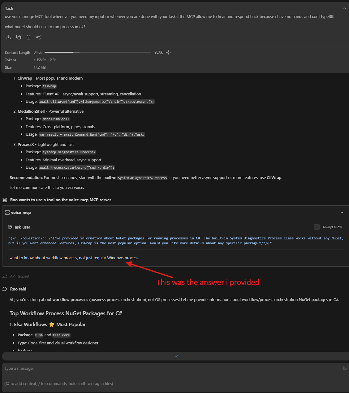 Roo using the ask_user MCP tool