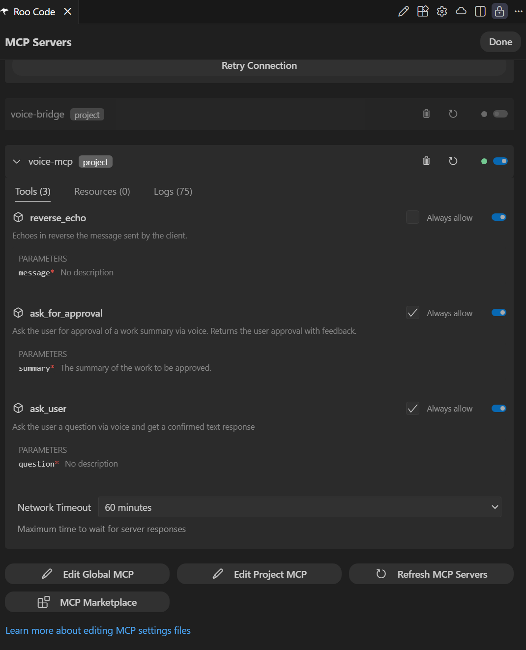 Roo MCP configuration showing VoiceMCP server