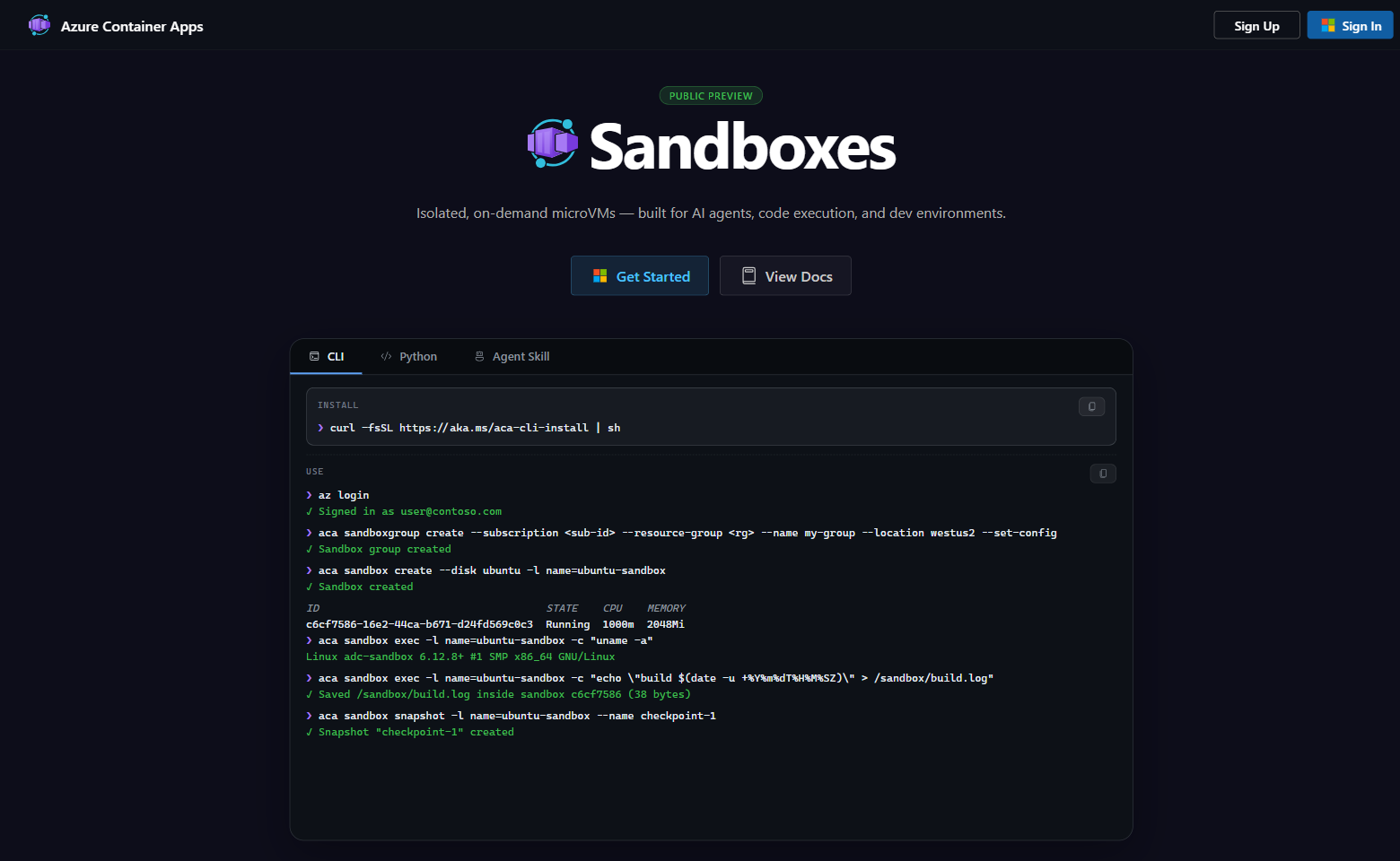 Azure Container Apps Sandboxes public preview page showing the CLI flow and sandbox positioning