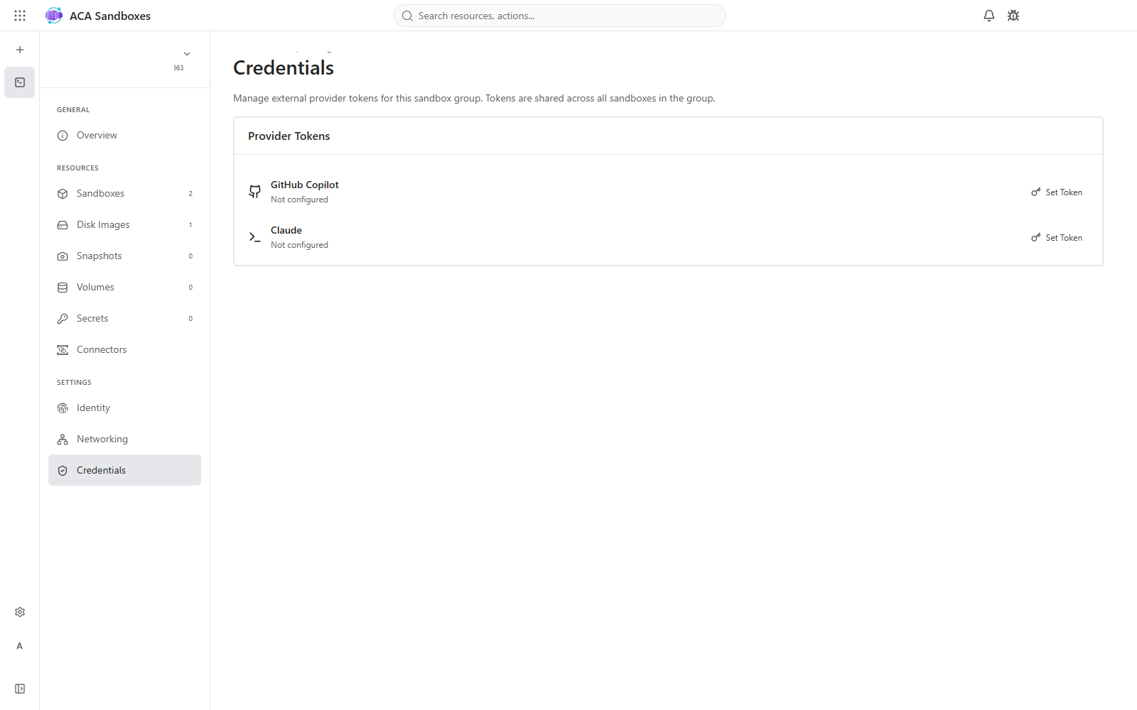 Blurred ACA Sandboxes Credentials page showing Provider Tokens for GitHub Copilot and Claude