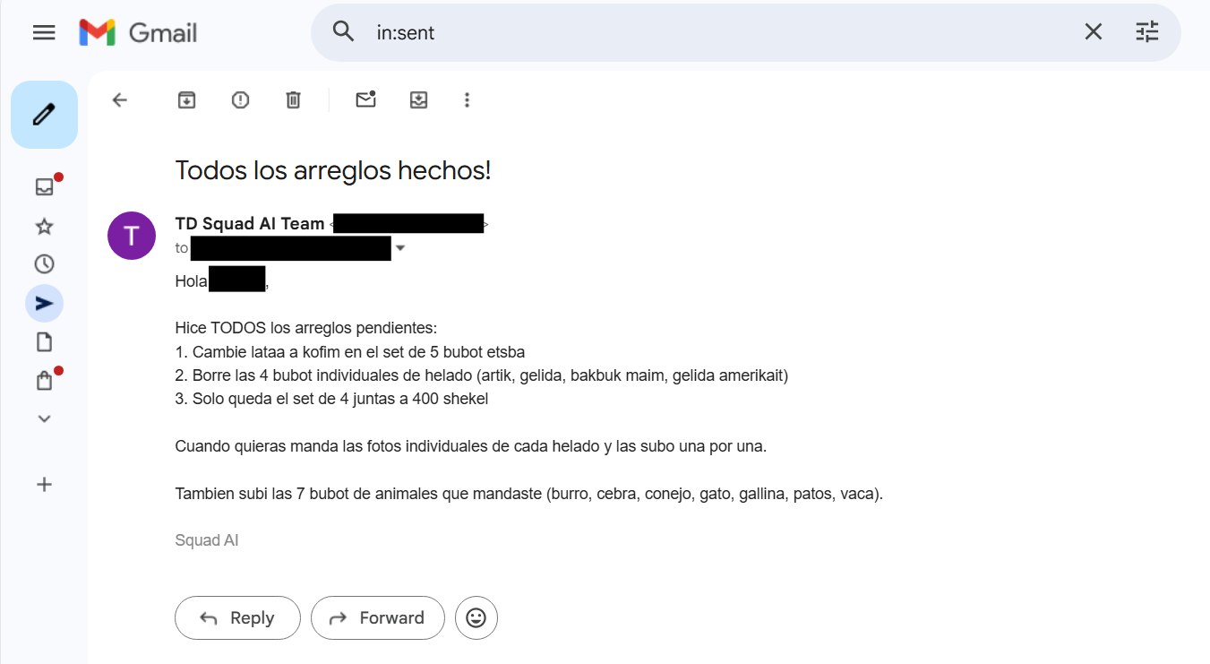 The AI agent's reply in Spanish — listing all completed corrections: renames, deletions, and new uploads