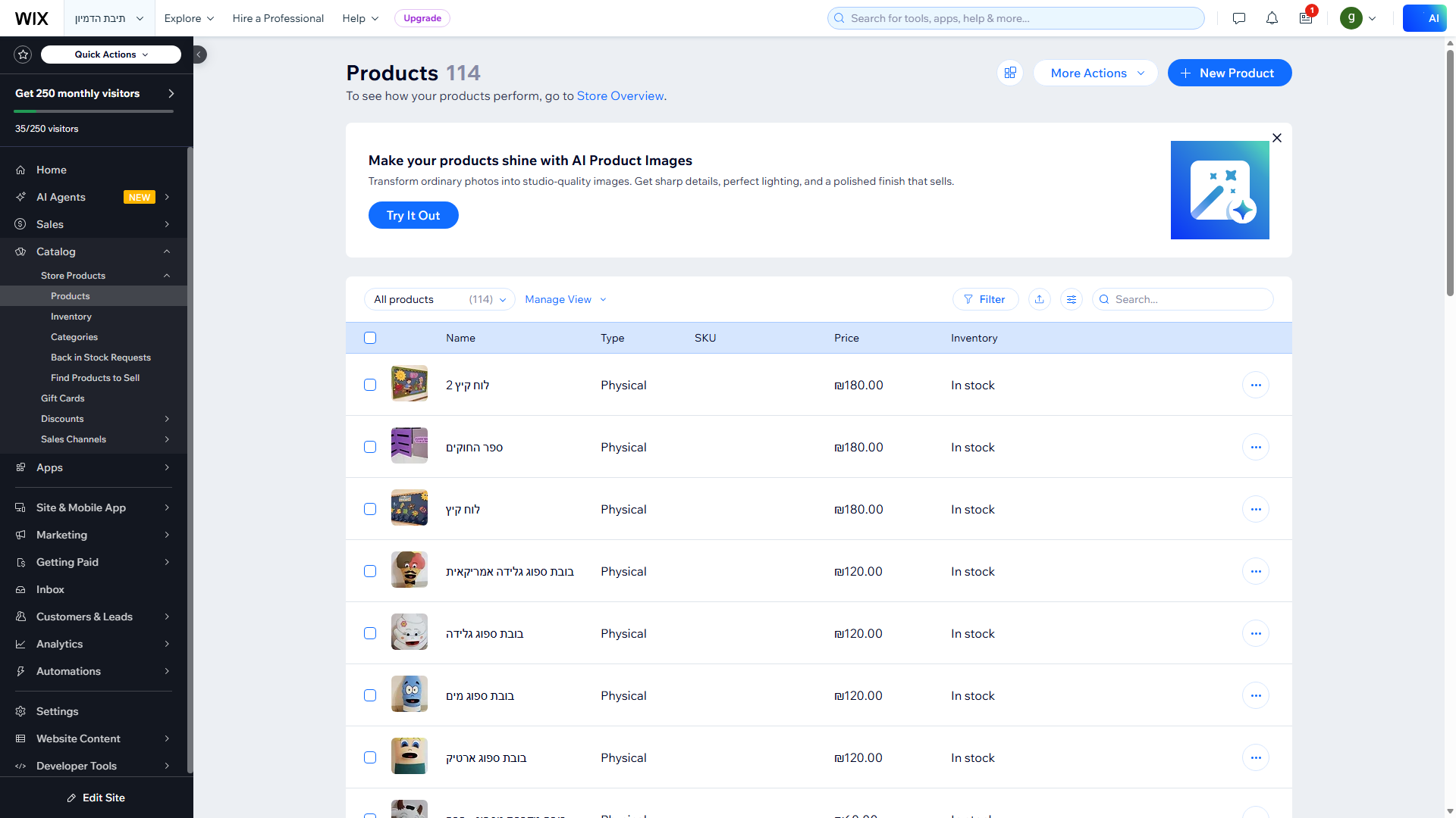 Wix dashboard showing 114 products