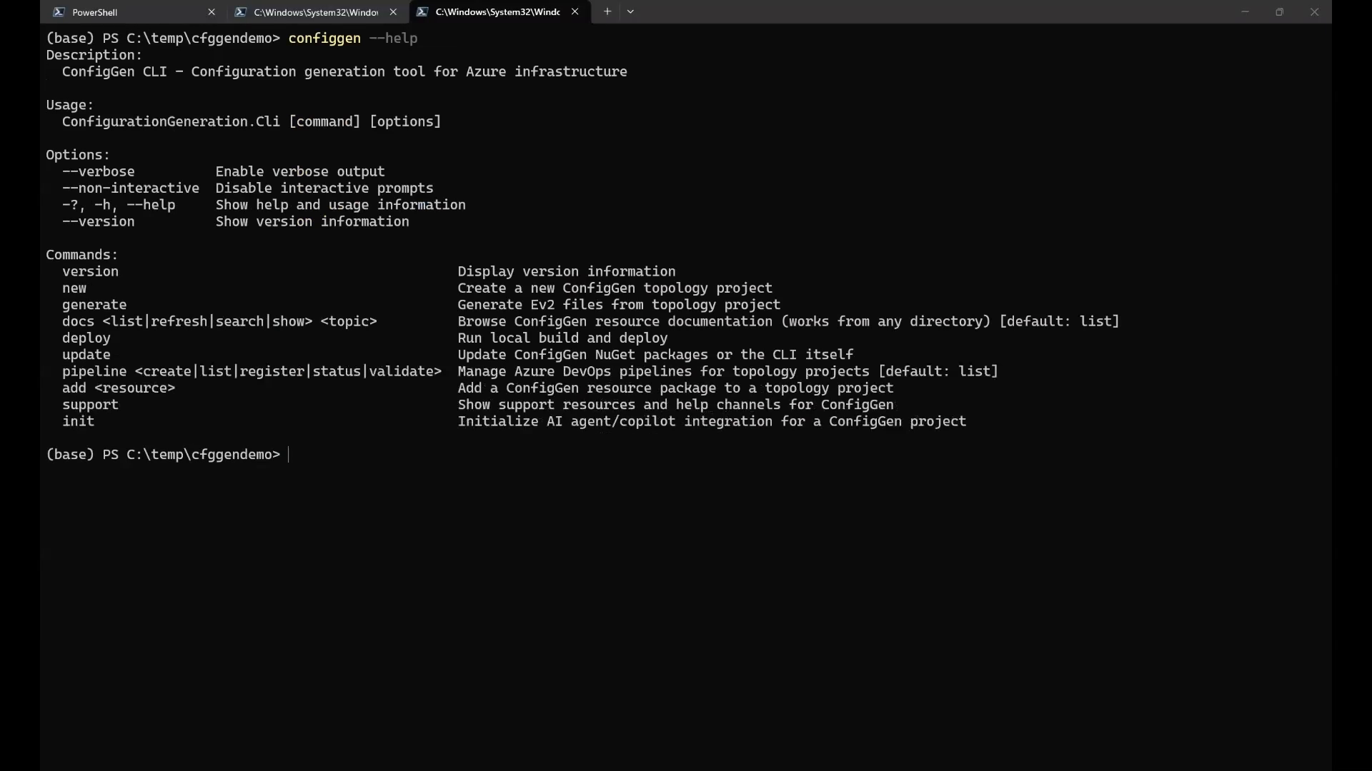 The CLI help output — 12 commands to demo