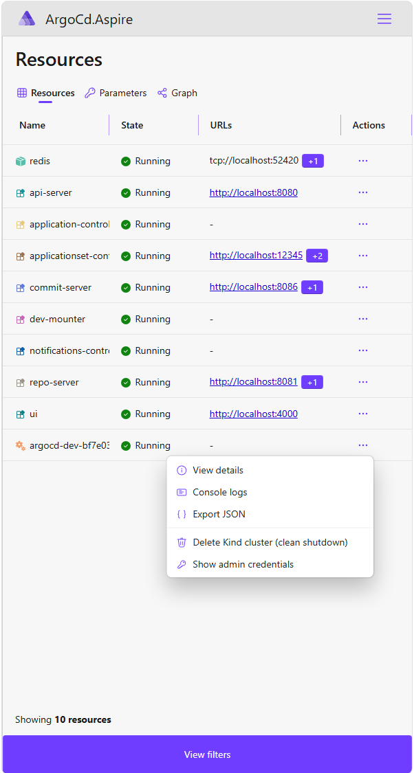 The Aspire dashboard with the Kind cluster resource's context menu open, showing the built-in View details, Console logs and Export JSON entries above the two custom commands: Delete Kind cluster (clean shutdown) and Show admin credentials