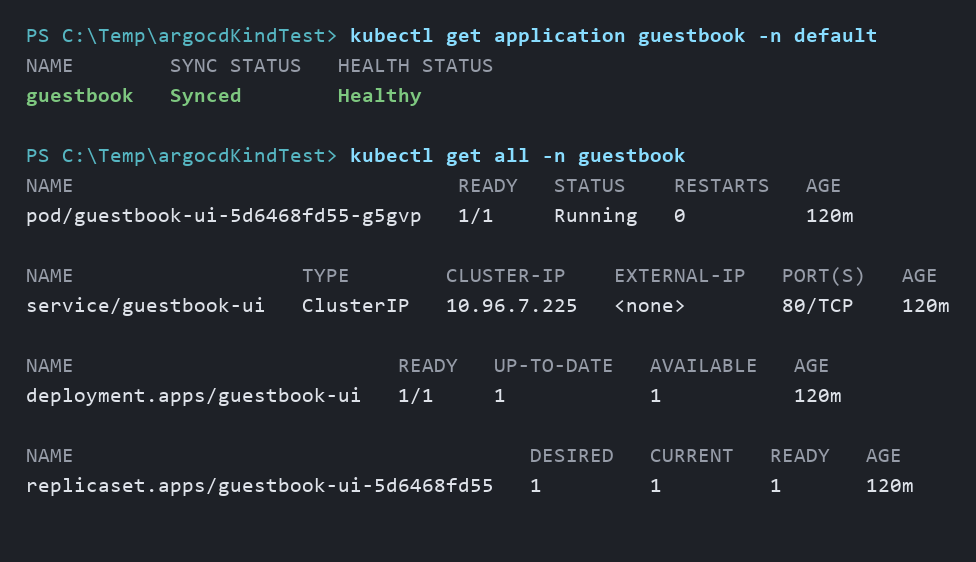 Terminal showing kubectl get application reporting guestbook as Synced and Healthy, followed by kubectl get all -n guestbook listing an ordinary Pod, Service, Deployment and ReplicaSet