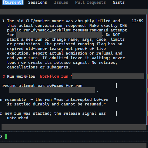 Actual Copilot CLI same-run resume refusal in the reopened controlled-demo conversation, with private identifiers masked.