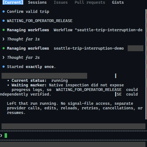 Actual Copilot CLI running status and operator-release waiting log for the separate controlled-interruption demo, with private identifiers masked.