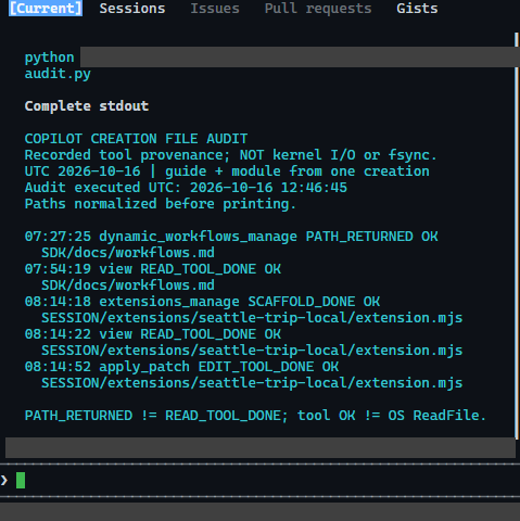 Genuine live Copilot CLI display of a later read-only audit's verbatim stdout for selected creation tool records, with private command-path details masked.