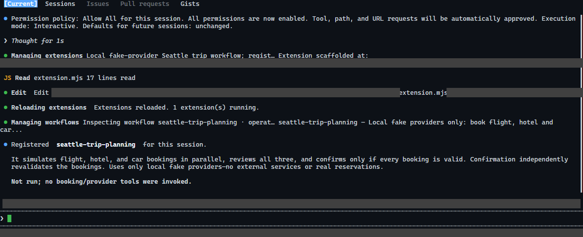 Actual Copilot CLI registration response for seattle-trip-planning, explicitly not run, with private identifiers masked.