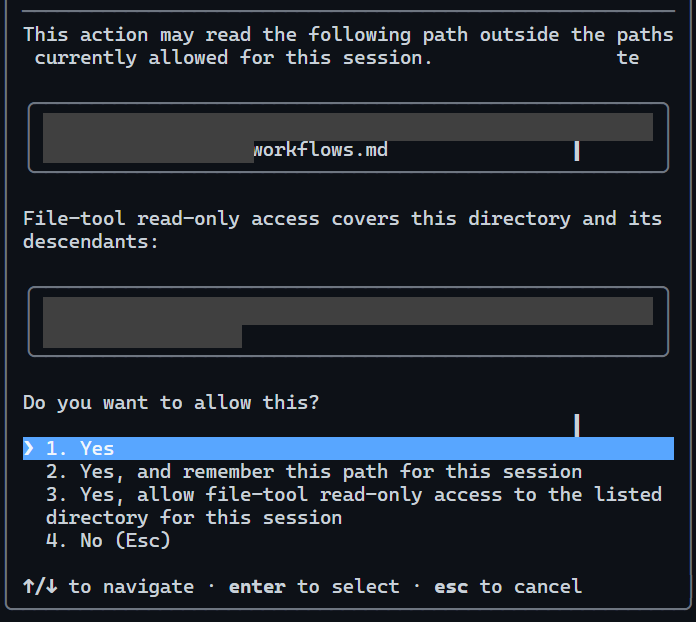 Actual Copilot CLI permission prompt for bundled workflows.md, with private paths masked.