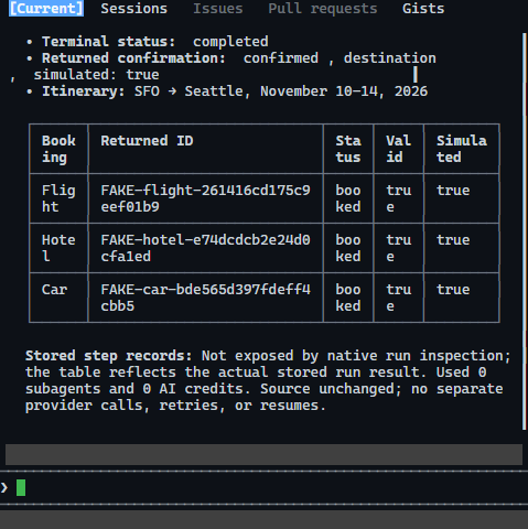 Actual Copilot CLI completion summary for three valid simulated Seattle trip bookings, with private identifiers masked.