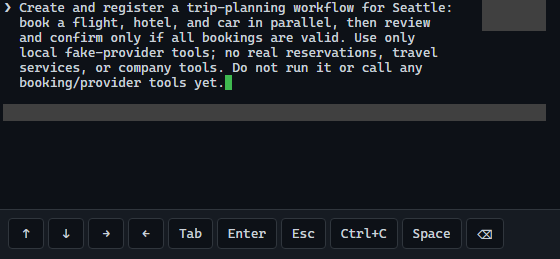 Actual live Copilot CLI input showing the Seattle workflow creation request before submission, with private fields masked.