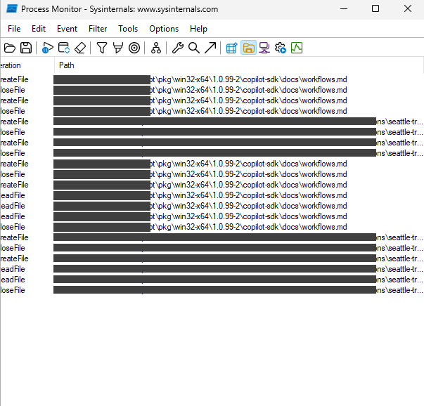 Actual Procmon window showing later installed workflows.md guide accesses, with private path segments masked and limited visible columns.