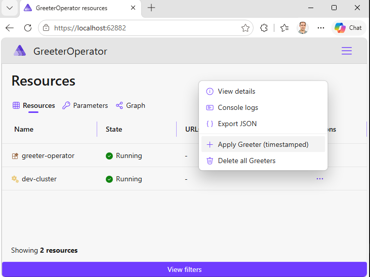 Aspire dashboard showing the greeter operator and Kind cluster running with the Apply Greeter timestamped command open