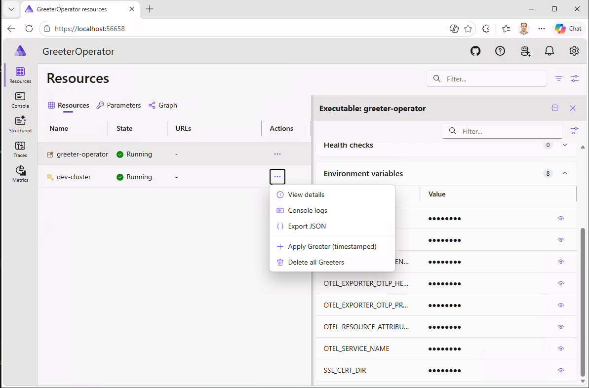 Aspire dashboard resources list with the dev-cluster context menu open, showing View details, Console logs, Export JSON, and below them the two custom commands: Apply Greeter (timestamped) and Delete all Greeters