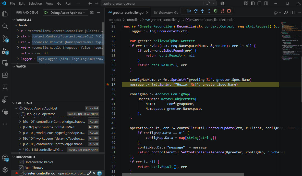 VS Code paused in the Go reconciler with the Aspire AppHost still running and the Go operator paused on a breakpoint